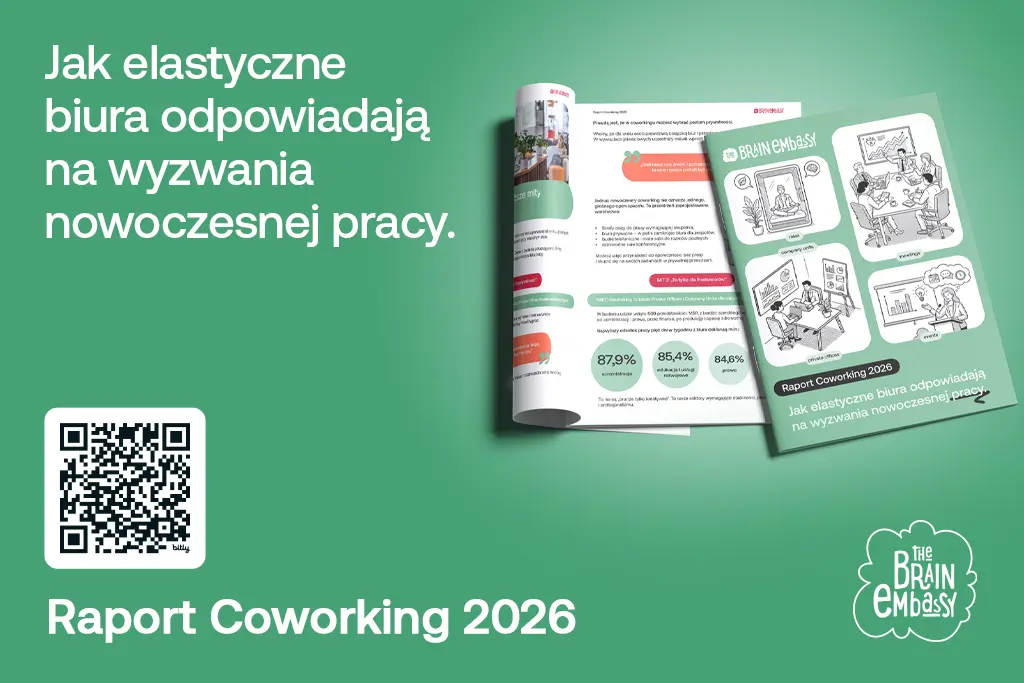 Grafika promująca raport „Coworking 2026” Brain Embassy z kodem QR